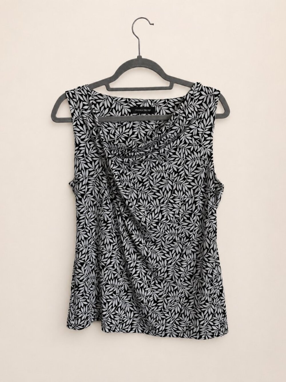 Ivanka Trump Black White Leaf Print Cowl Neck Blouse